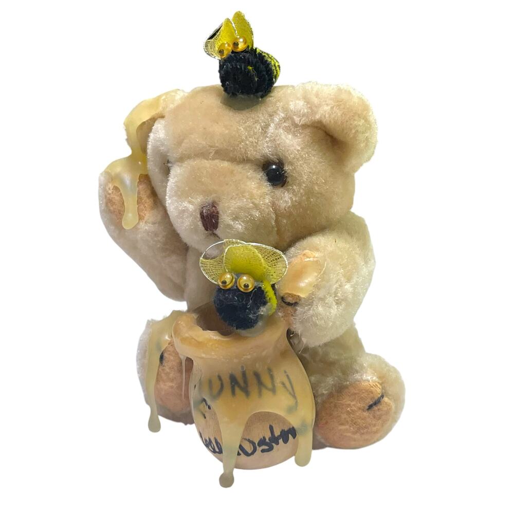 Vintage Yellowstone Honey Bear Souvenir Flocked Teddy Bear Bees Honey Pot 4.75"